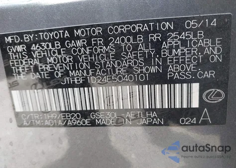 2014 Lexus Is 250 z USA, uszkodzony, nr VIN JTHBF1D24E5040101